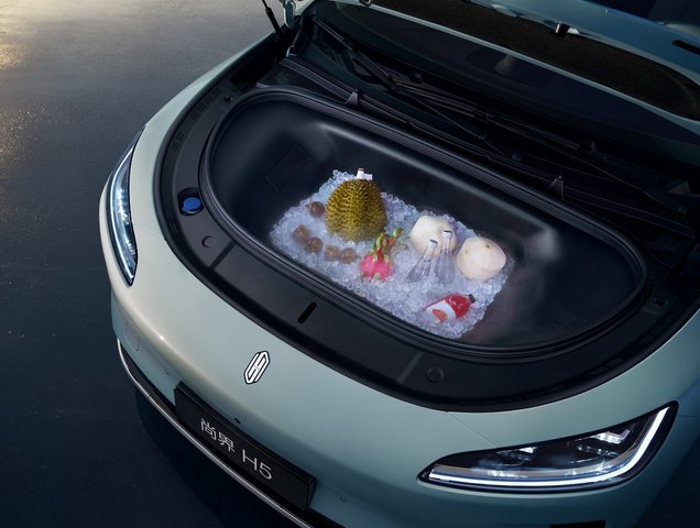 Ice, fruit, and beverages placed in the front trunk of the Shangjie H5.