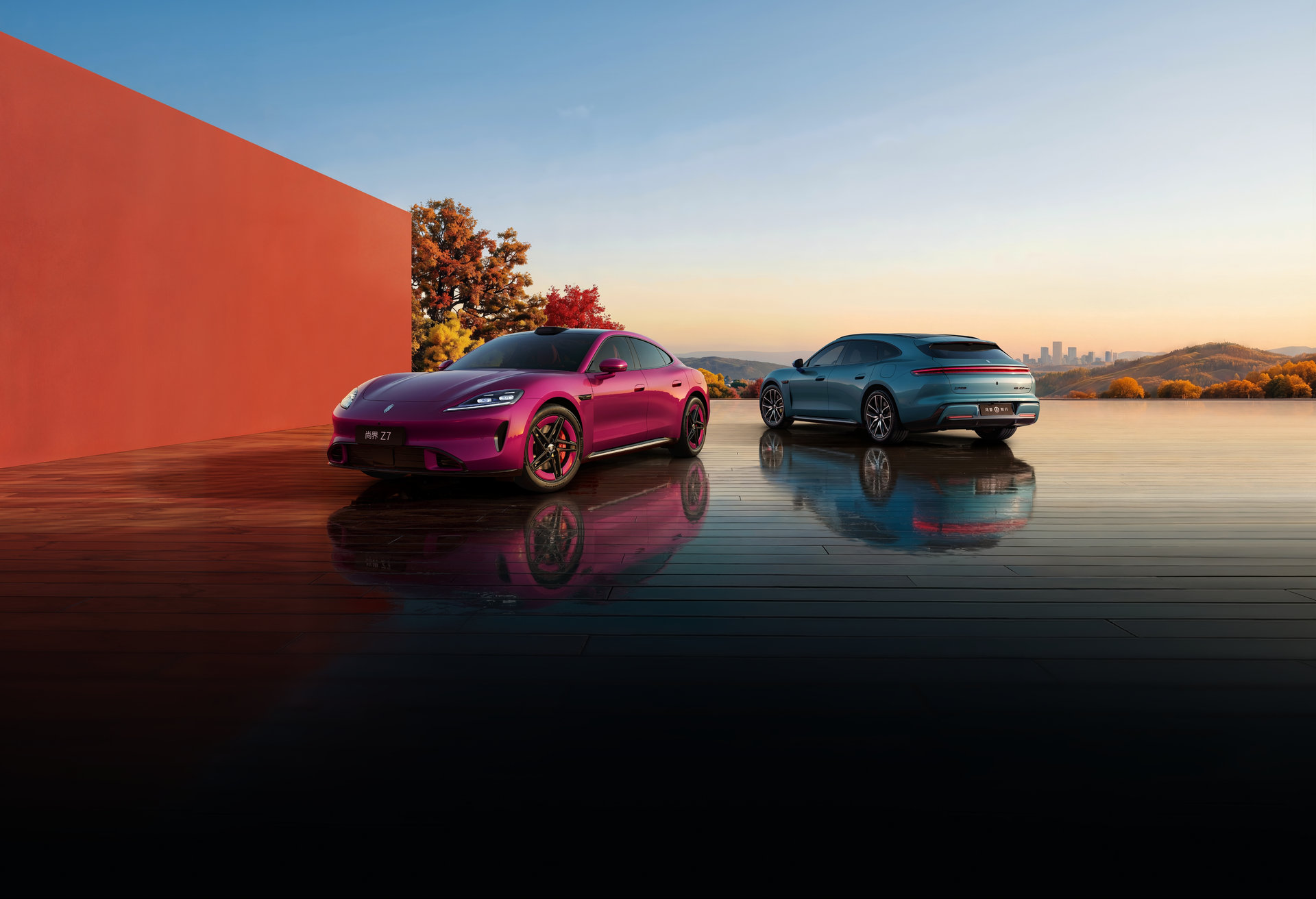 Side view of the violet-pink Shangjie Z7 and the green Shangjie Z7T, showing the car's distinctive design.