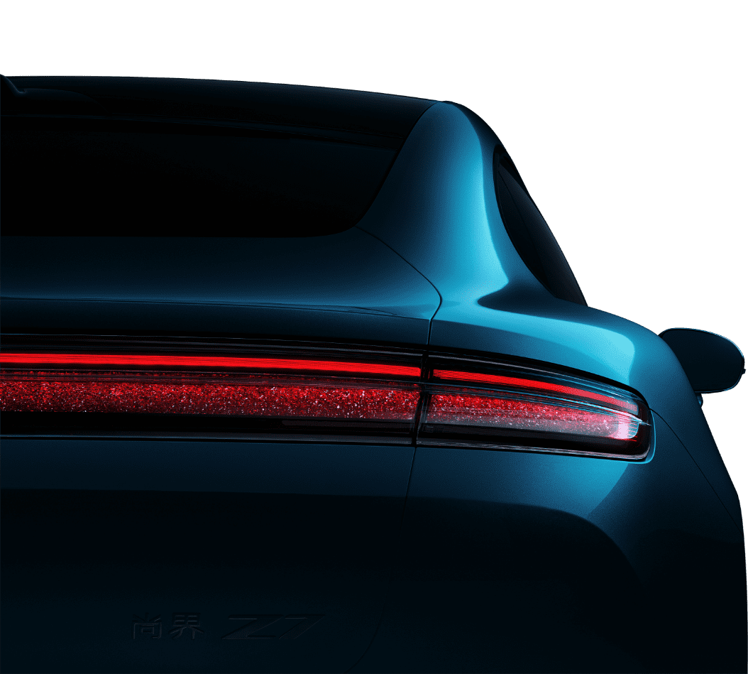 Rear view of the Shangjie Z7, showing the car's Diamond Cluster Tail Lights.