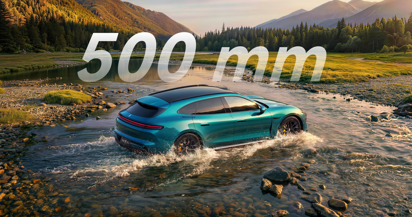 The Shangjie Z7T driving through water, showing the car's wading depth.
