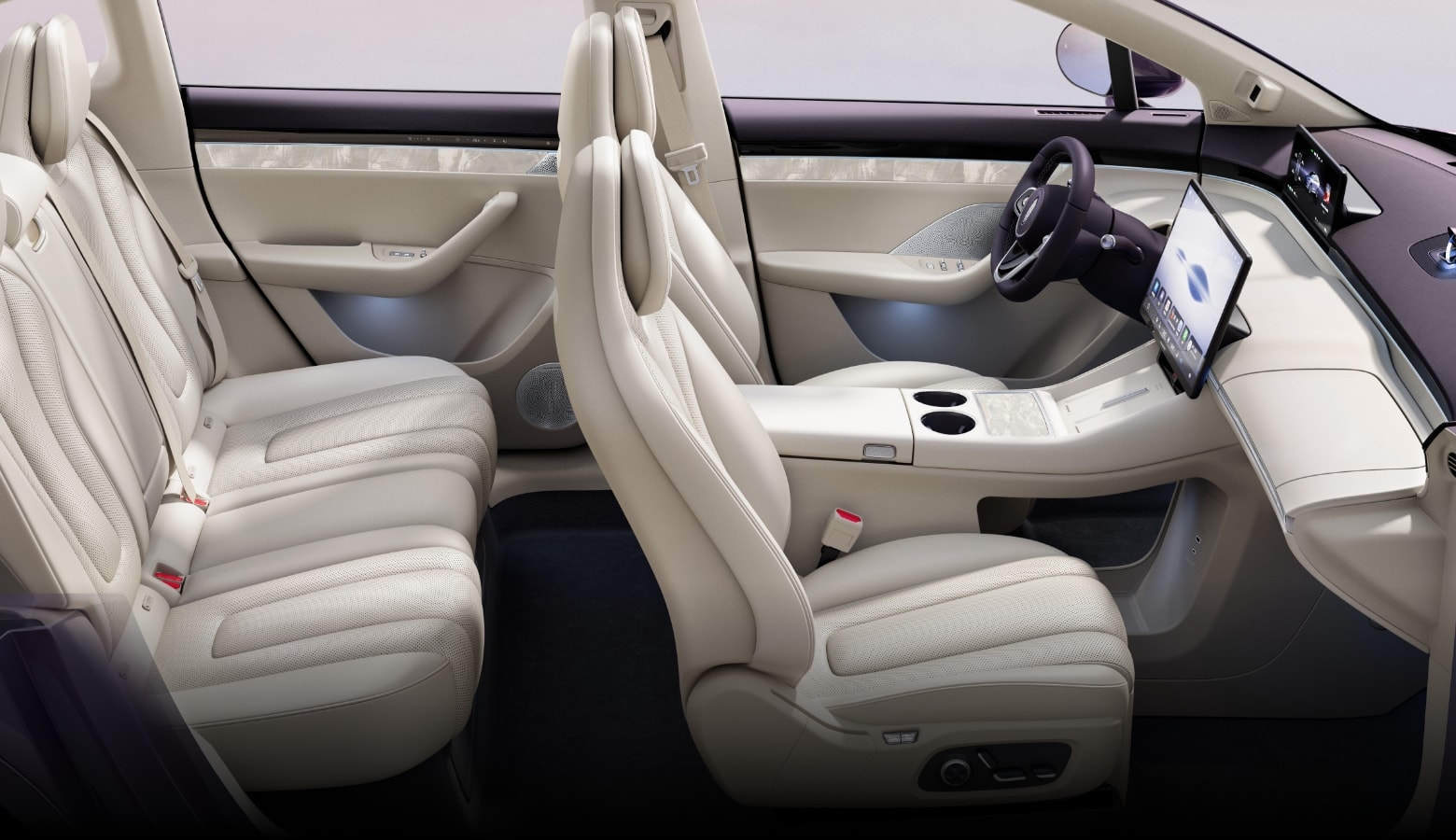 Side view of the Luxeed R7 interior, showing its spacious front and rear rows