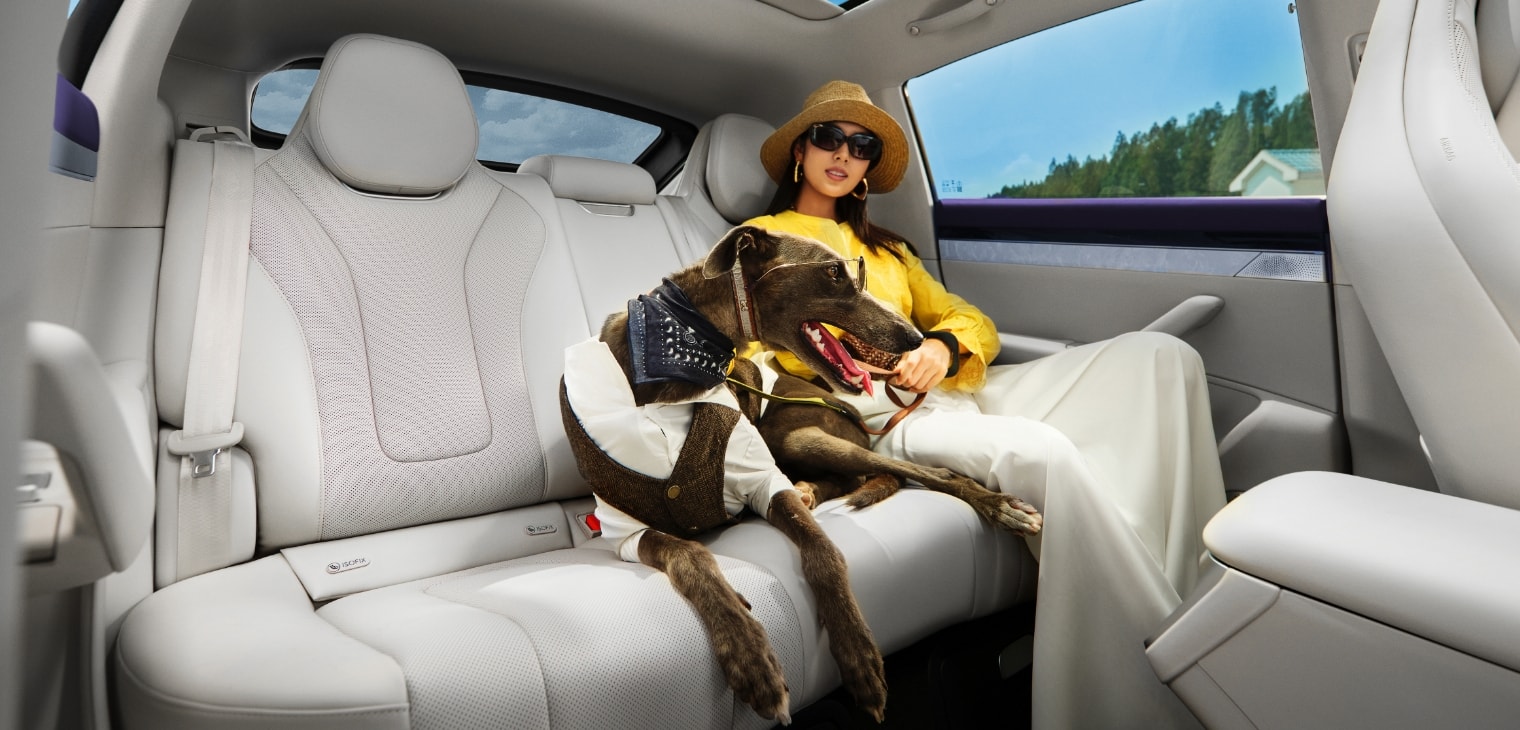 Driver and front passenger happily enjoying the ride, showing the Luxeed R7's sound insulation